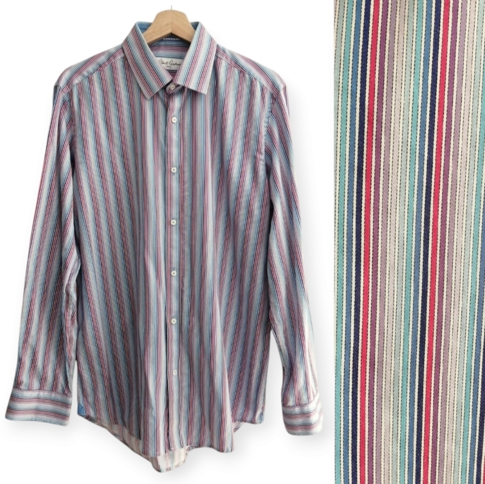 Robert Graham Men's Striped Cotton Dress Shirt Purple Pink Blue Size 16 34/35